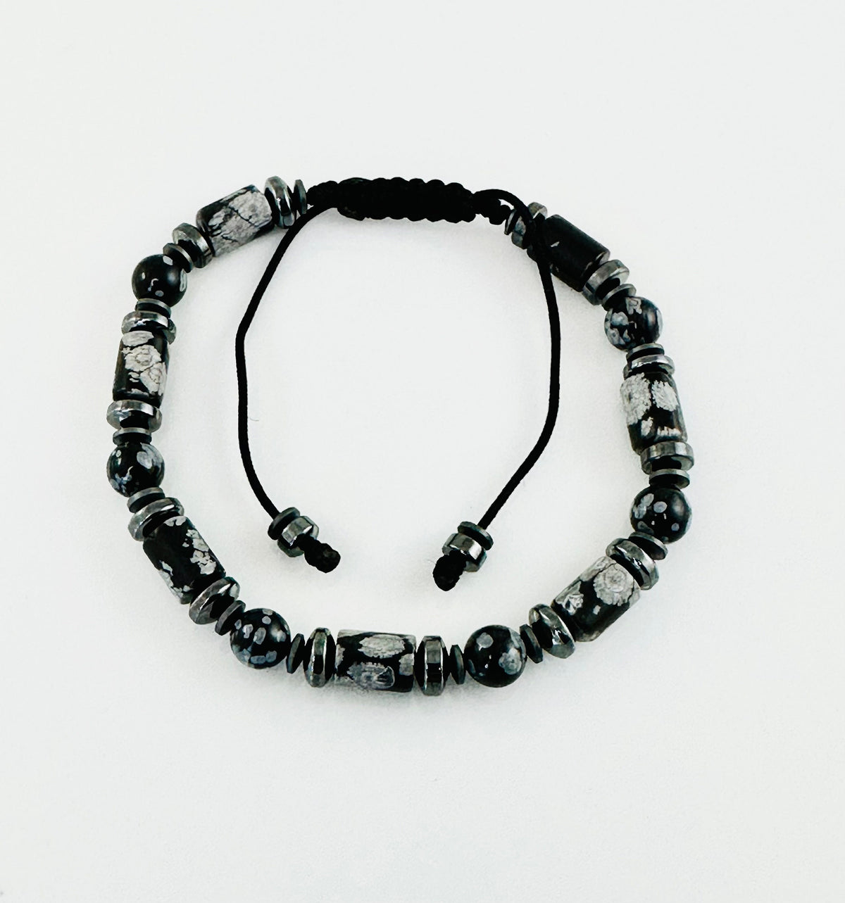 Obsidian Snowflake Bracelet,Protection Black Mens Beaded Bracelet,Obsidian Bracelet,Black and Gray Beaded Men Bracelet,Simple Men Bracelet