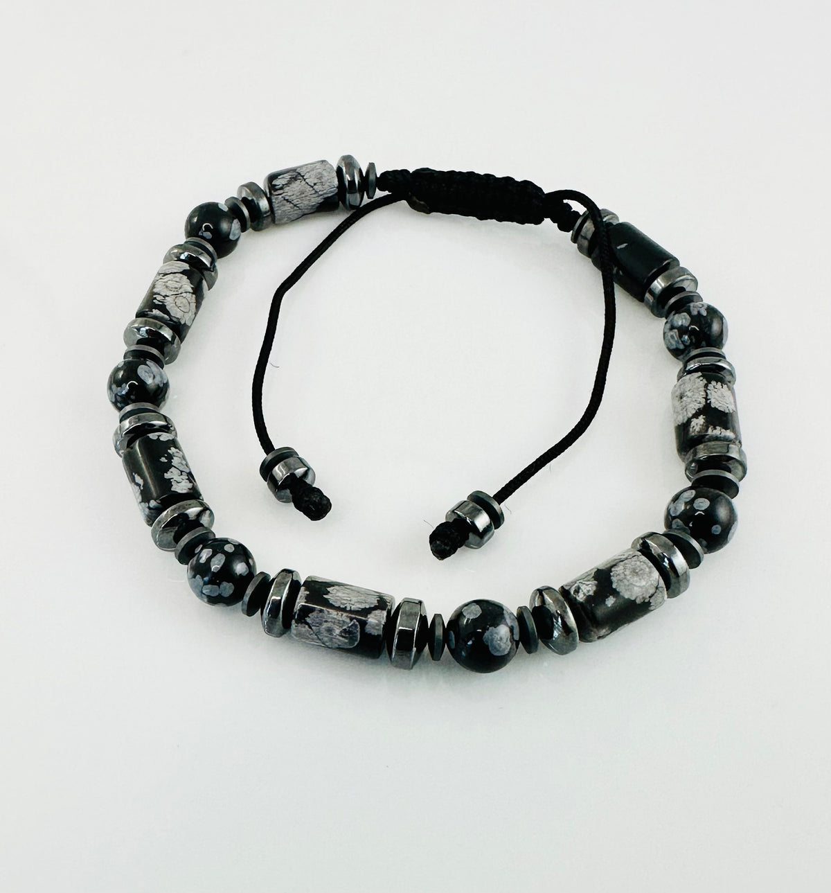 Obsidian Snowflake Bracelet,Protection Black Mens Beaded Bracelet,Obsidian Bracelet,Black and Gray Beaded Men Bracelet,Simple Men Bracelet