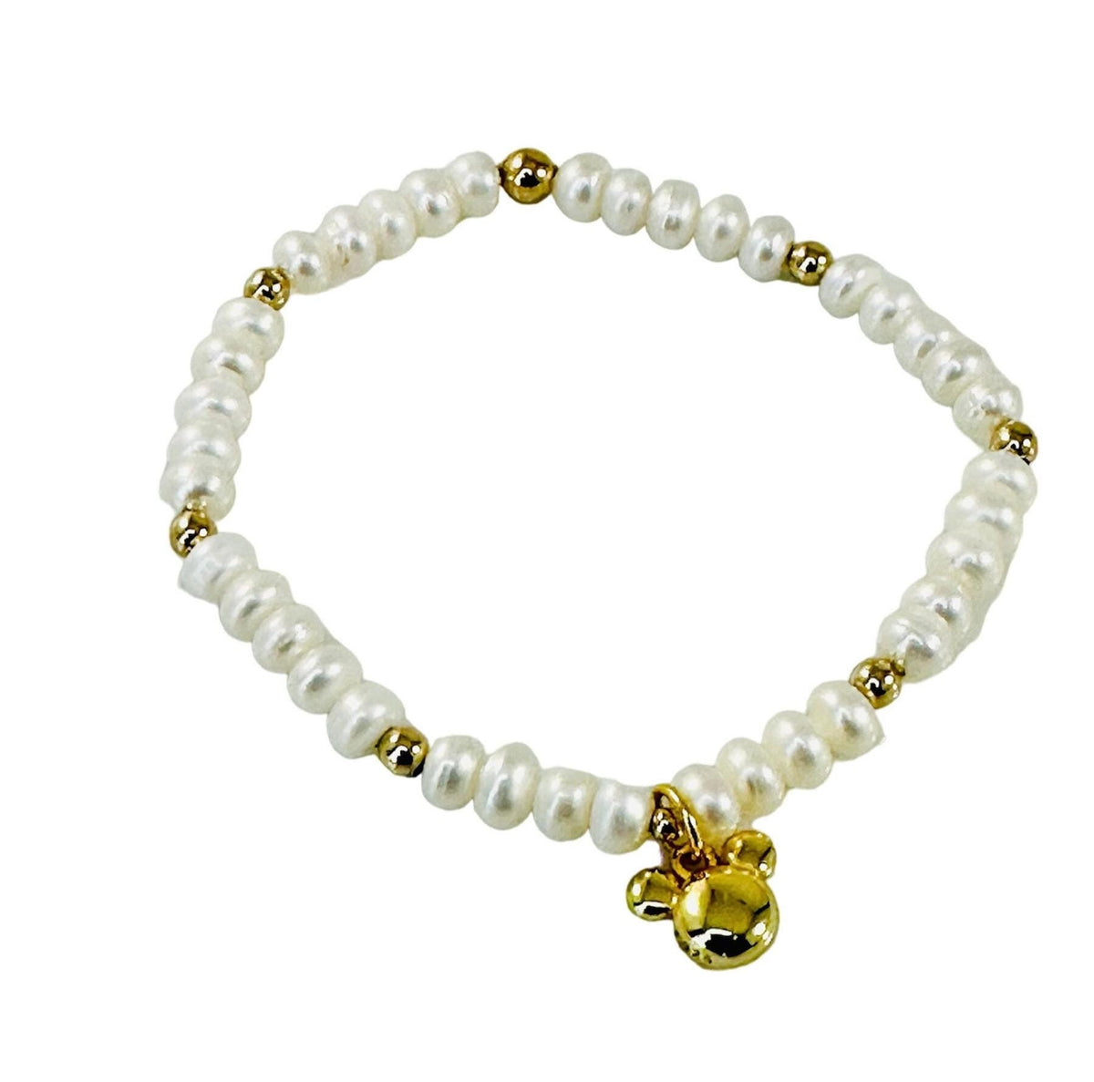 Real Pearl baby mickey bracelet,Pearls mouse bracelet,Mickey pearl and gold bracelet,gold and pearl stretch bead bracelet with mouse