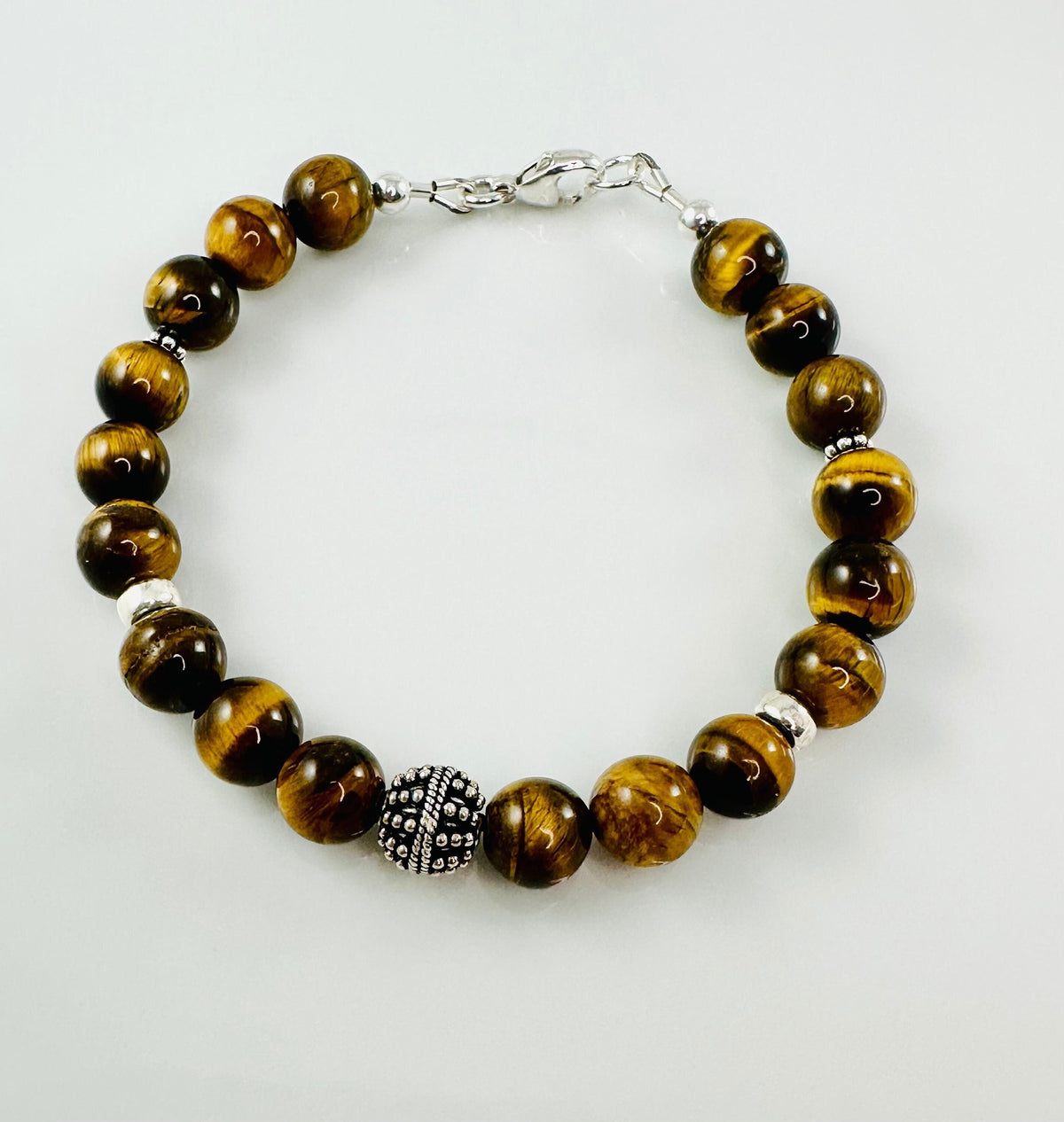 Sterling Silver Tiger Eye Men's Beaded Bracelet,Balance Anxiety Focus Bracelet,Gift Healing Jewelry for Men Boyfriend Husband Dad Son