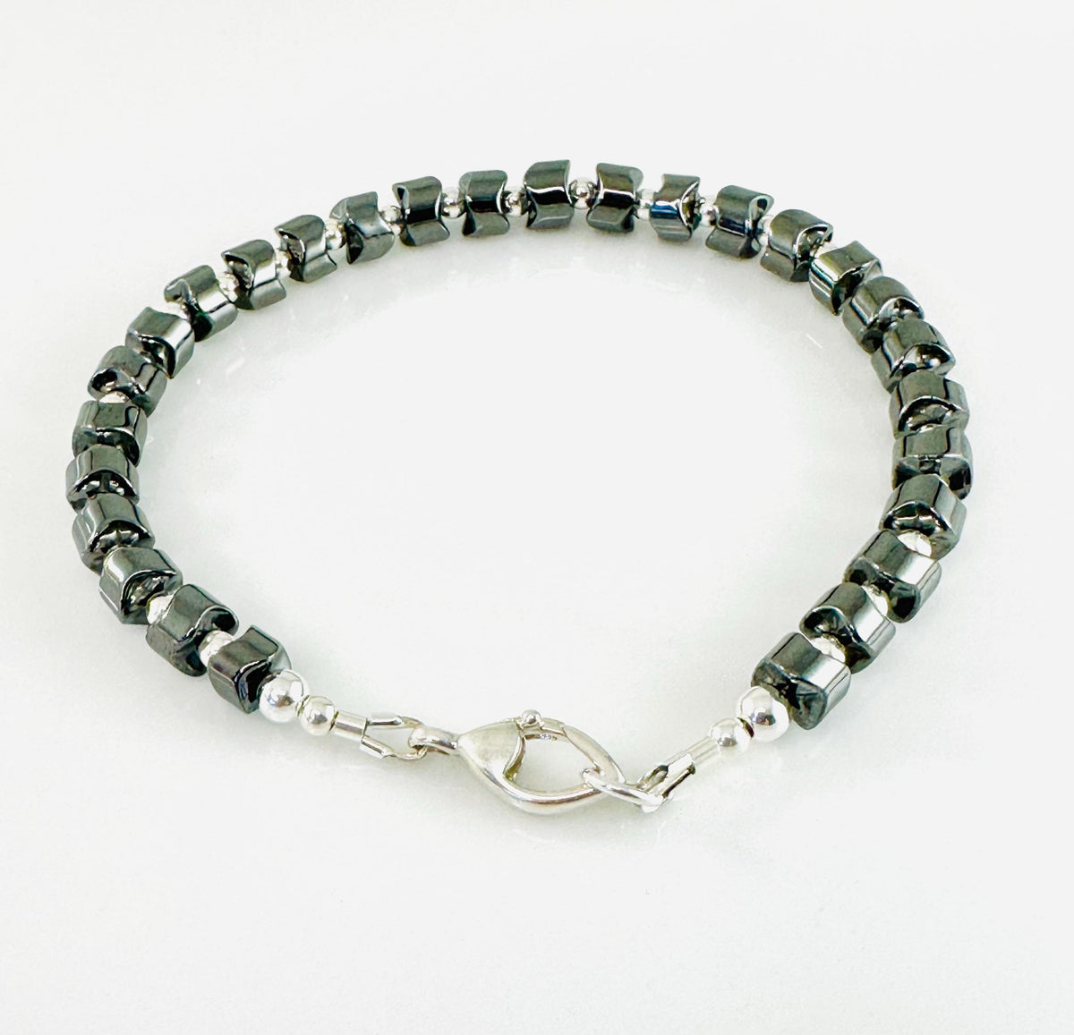 Sterling Silver Hematite Men Stone Bracelet,Hematite Bracelet,Healing Meditation Bracelet,Handmade Jewelry Unique gifts for Men Him