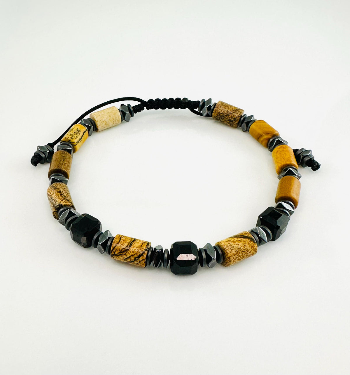 Tourmaline and Jasper Tube Adjustable Bracelet,Picture Jasper Bracelet Healing Meditation Bracelet,Handmade Unique Gifts Jewelry for Men Him