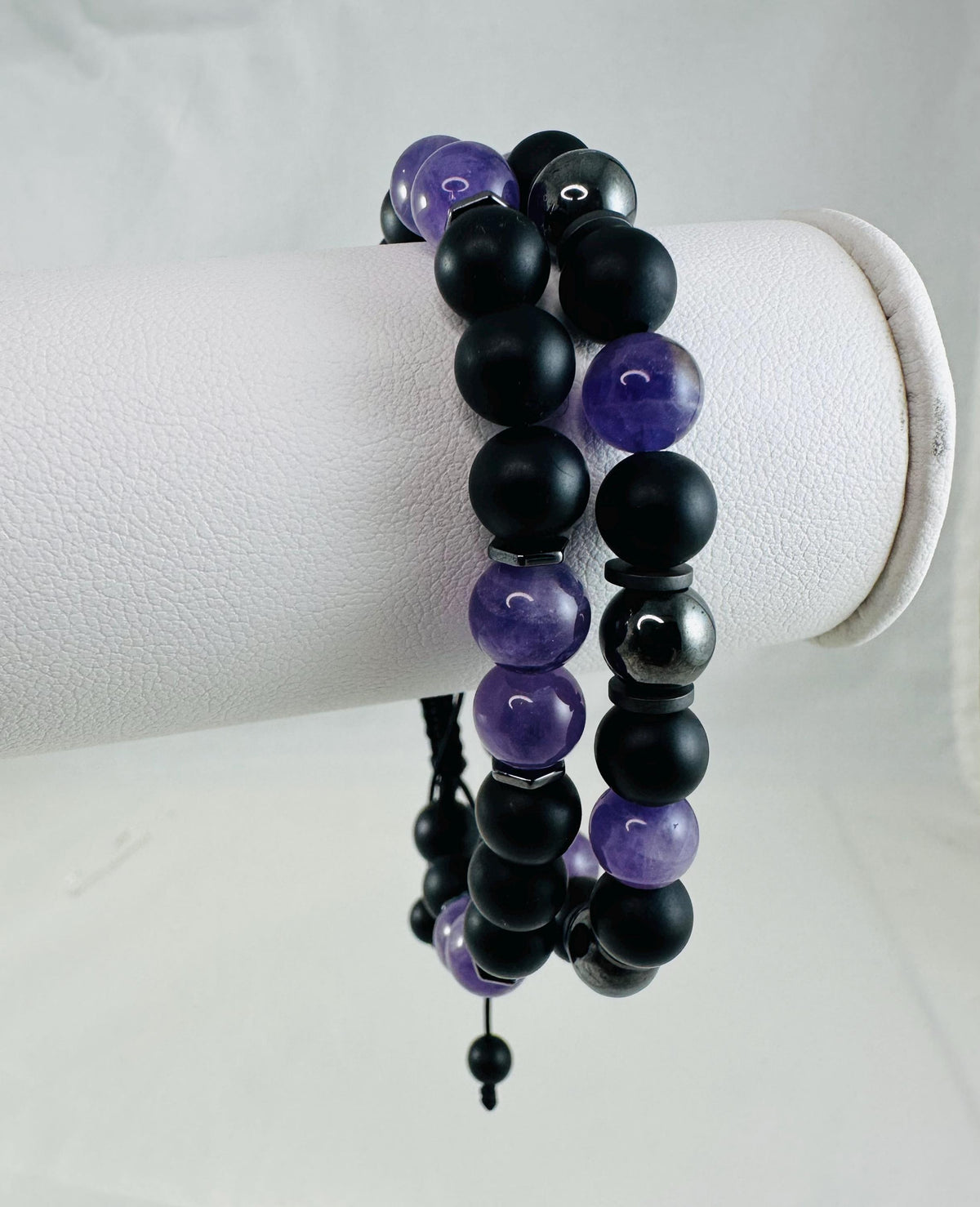 Protection Stretch Men Bracelets,Men Bracelet,Black Purple Gray Black Onyx Amethyst Hematite Beaded Men Bracelet,February Men Beaded Bracele