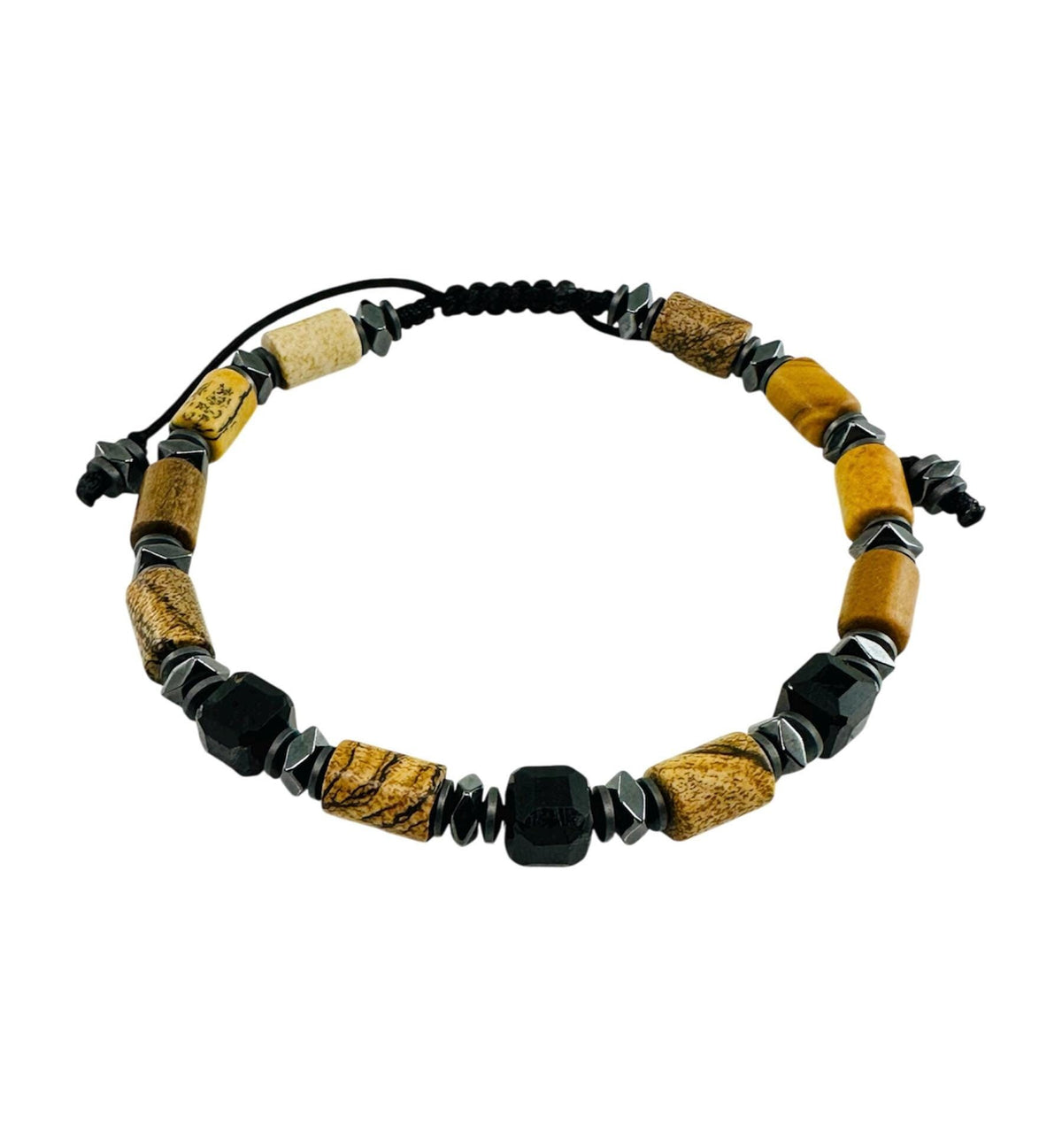 Tourmaline and Jasper Tube Adjustable Bracelet,Picture Jasper Bracelet Healing Meditation Bracelet,Handmade Unique Gifts Jewelry for Men Him