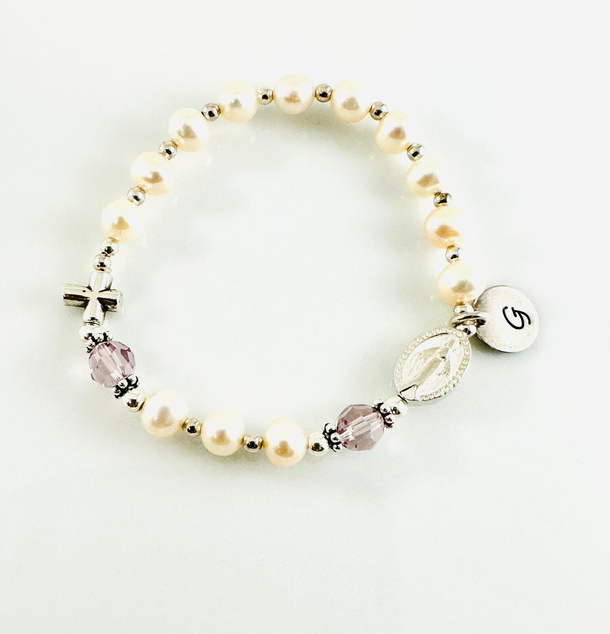 Rosary Bracelet,Porcelain Bracelet,Cross Saint Benedict Medal Bracelet,First Communion Baptism Rosary Bracelet,One Decade Chaplet Bracelet
