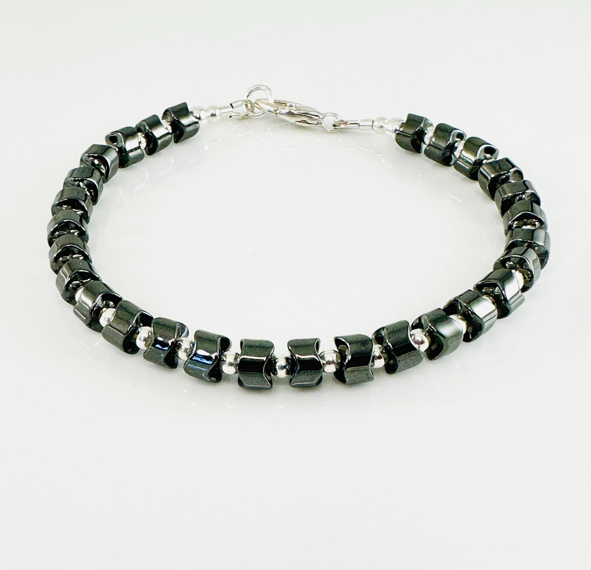 Sterling Silver Hematite Men Stone Bracelet,Hematite Bracelet,Healing Meditation Bracelet,Handmade Jewelry Unique gifts for Men Him