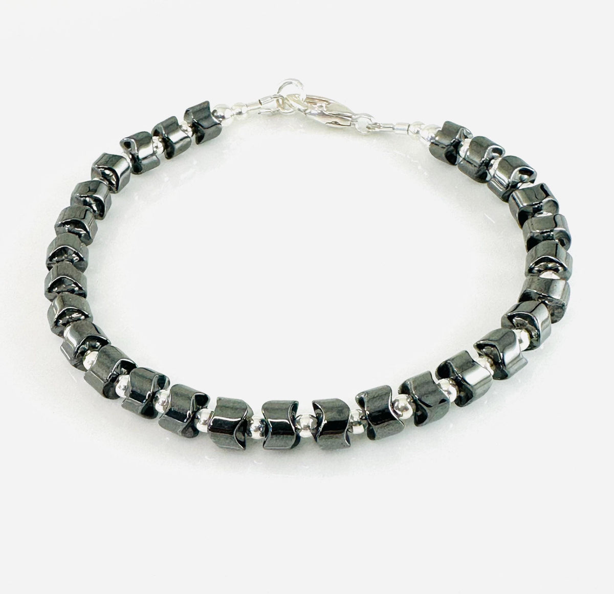 Sterling Silver Hematite Men Stone Bracelet,Hematite Bracelet,Healing Meditation Bracelet,Handmade Jewelry Unique gifts for Men Him