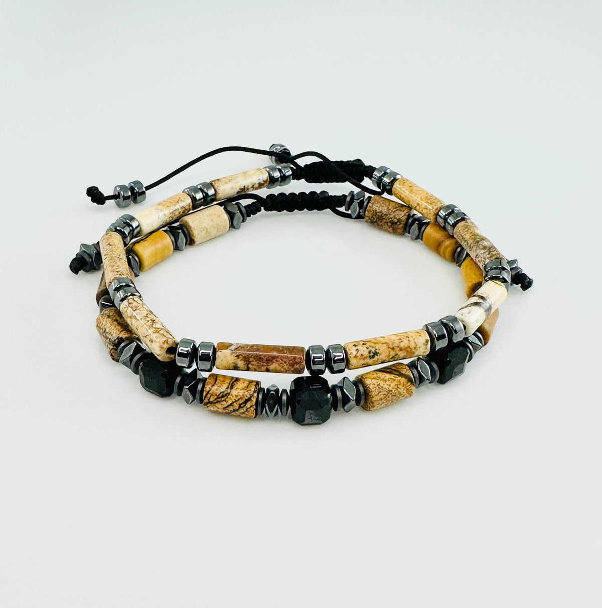 Tourmaline and Jasper Tube Adjustable Bracelet,Picture Jasper Bracelet Healing Meditation Bracelet,Handmade Unique Gifts Jewelry for Men Him