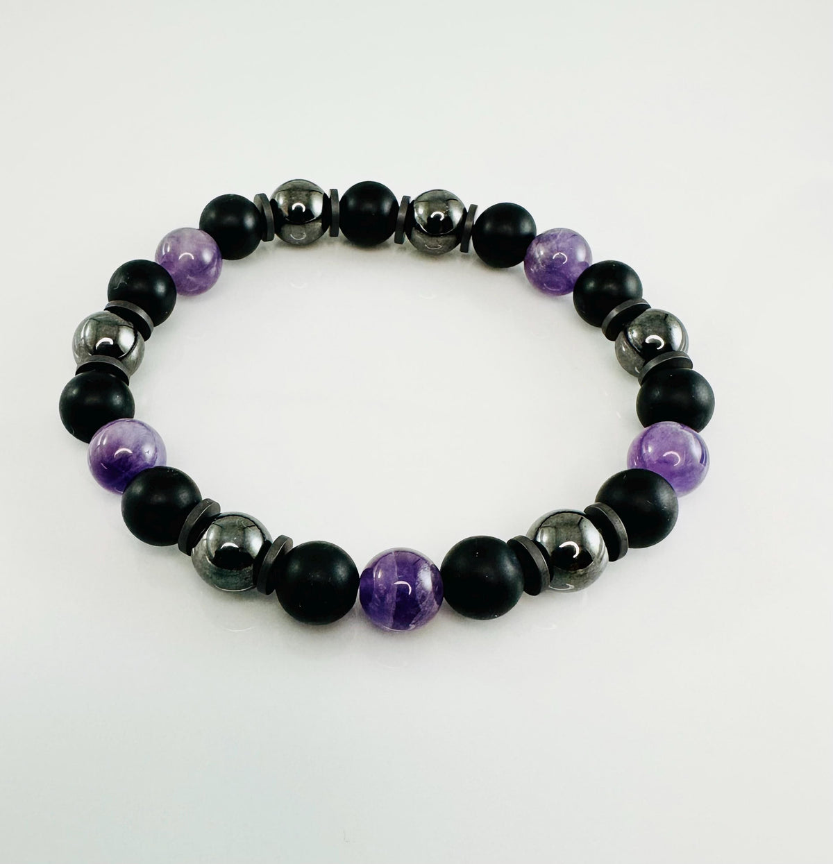 Protection Men Bracelets,Men Bracelet,Black Purple Gray Black Onyx Amethyst Hematite Beaded Men Bracelet,February Men Beaded Bracelet