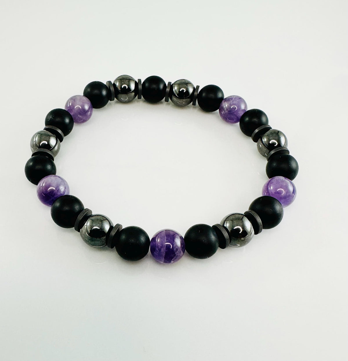 Protection Stretch Men Bracelets,Men Bracelet,Black Purple Gray Black Onyx Amethyst Hematite Beaded Men Bracelet,February Men Beaded Bracele