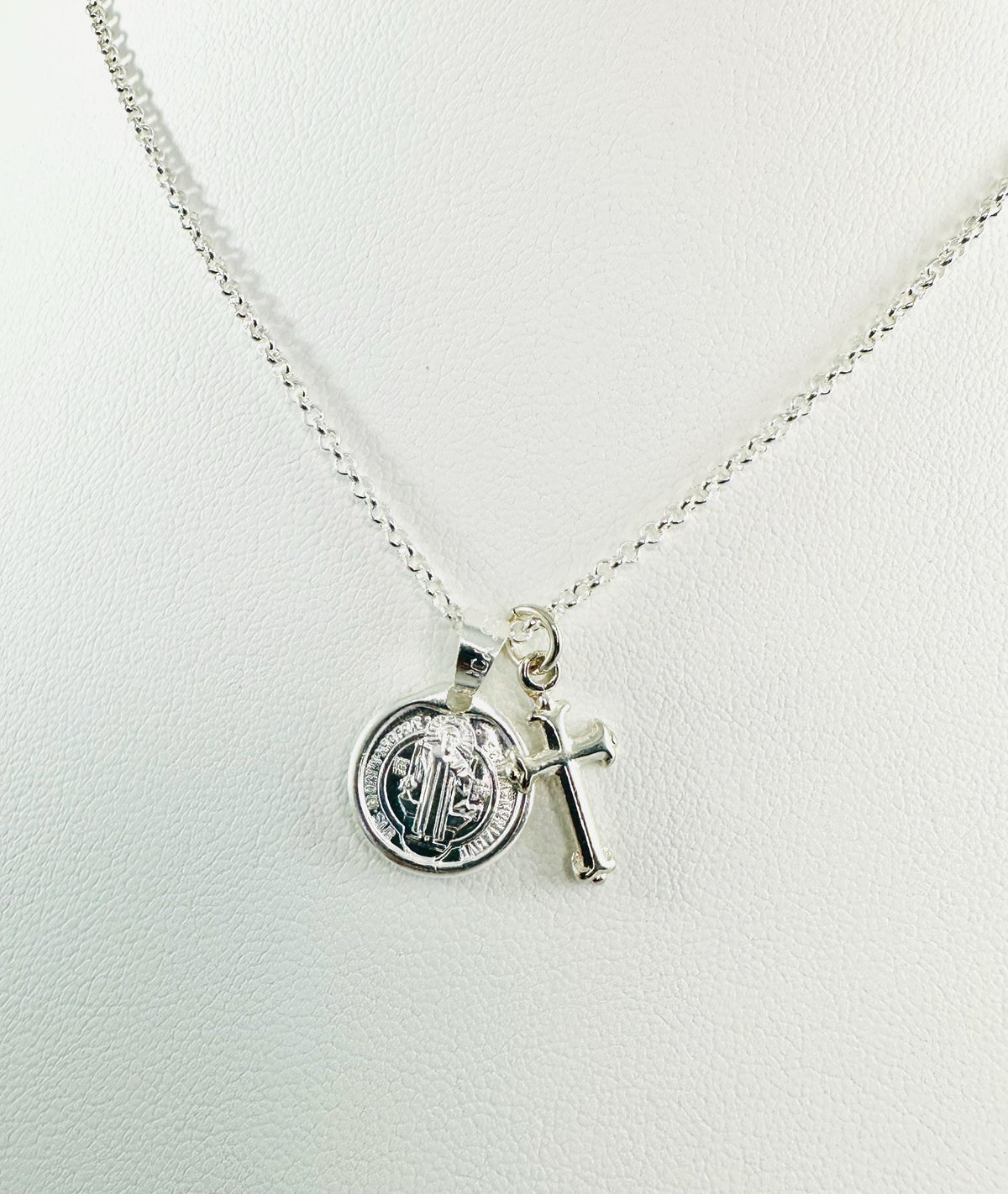 Sterling Silver Saint Benedict and Cross Medal Necklace,Christering Baptism Communion Necklace,Cross Silver Necklace,Religious Charm Necklac