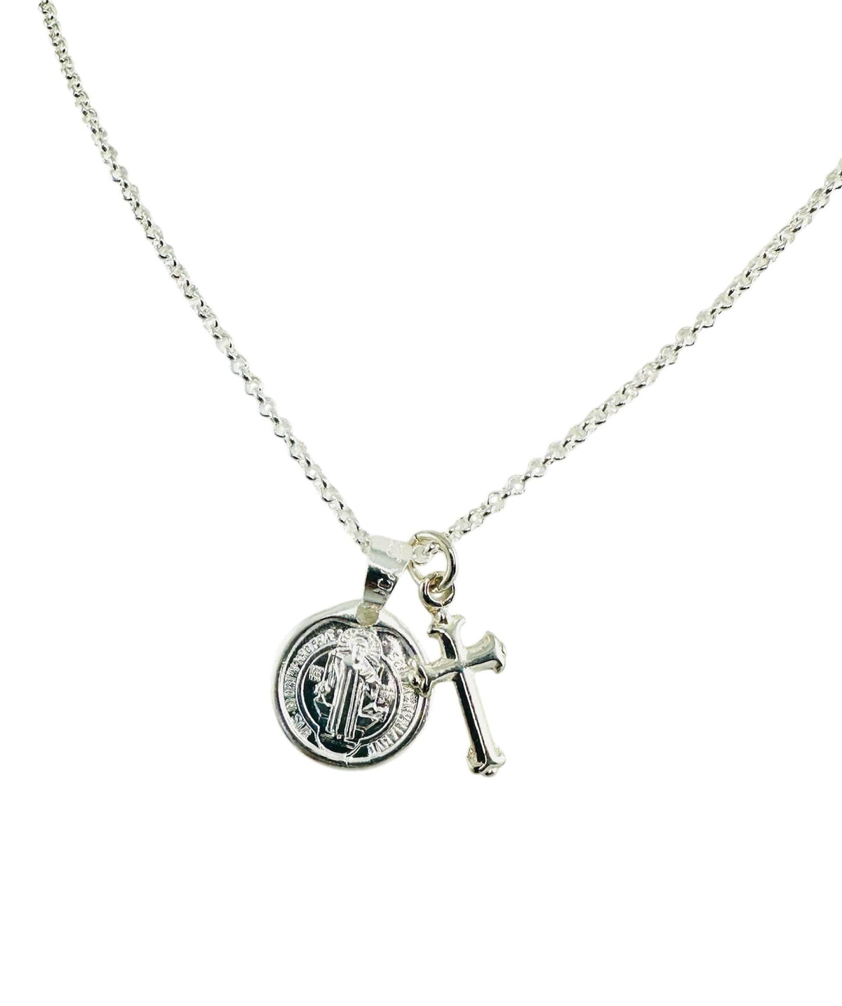 Sterling Silver Saint Benedict and Cross Medal Necklace,Christering Baptism Communion Necklace,Cross Silver Necklace,Religious Charm Necklac