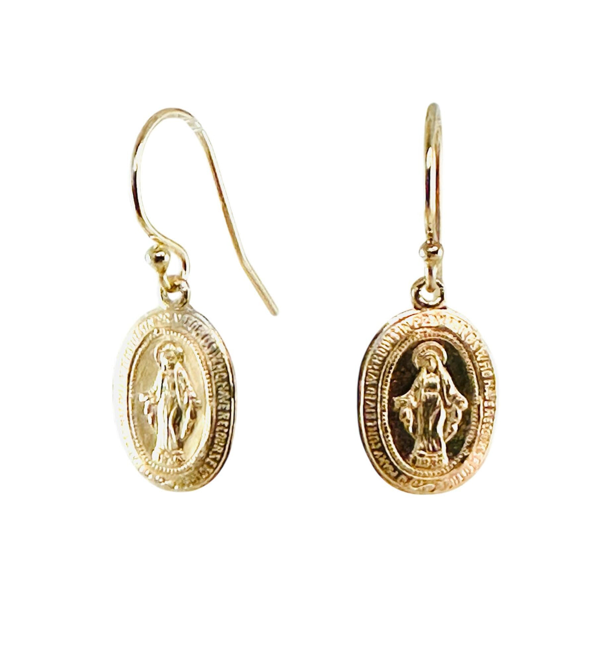 Dainty 14K Gold Filled Oval Virgin Mary Medal Earrings,Religious Earrings,Miraculous Medal Earrings, Communion Earrings,Virgin Mary Dangle