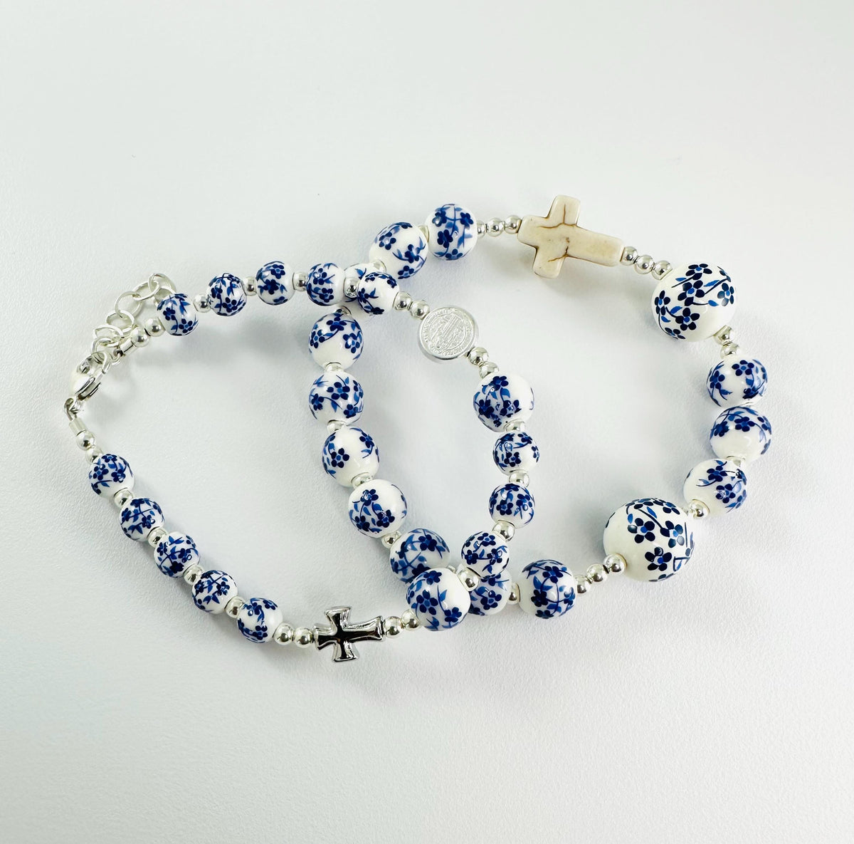 Rosary Bracelet,Porcelain Bracelet,Cross Saint Benedict Medal Bracelet,First Communion Baptism Rosary Bracelet,One Decade Chaplet Bracelet