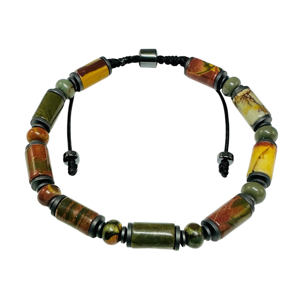 Red Green Jasper Tube Adjustable Bracelet,Hematite Jasper Bracelet Healing Meditation Bracelet,Handmade Unique Gifts Jewelry for Men Him