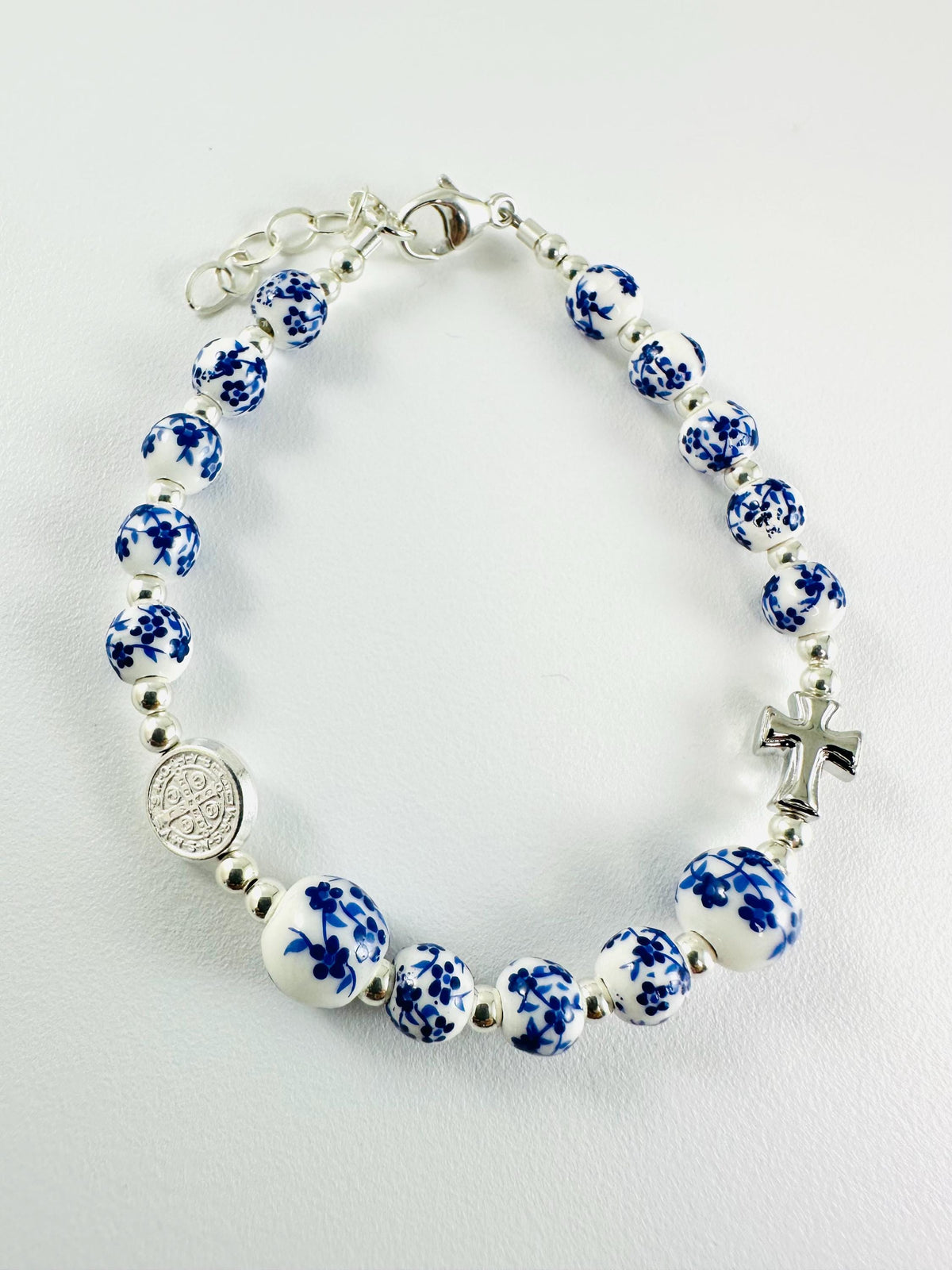 Rosary Bracelet,Porcelain Bracelet,Cross Saint Benedict Medal Bracelet,First Communion Baptism Rosary Bracelet,One Decade Chaplet Bracelet