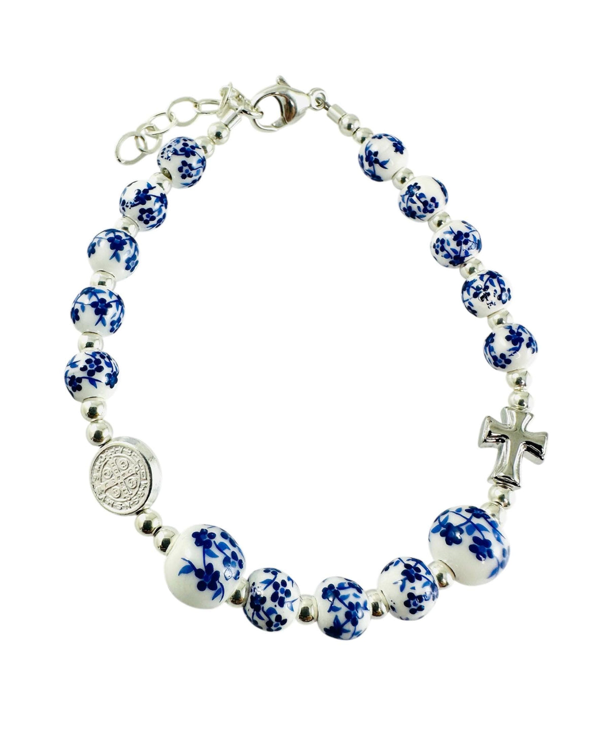 Rosary Bracelet,Porcelain Bracelet,Cross Saint Benedict Medal Bracelet,First Communion Baptism Rosary Bracelet,One Decade Chaplet Bracelet