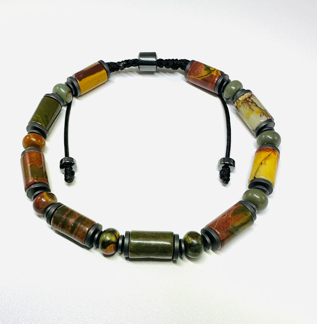 Red Green Jasper Tube Adjustable Bracelet,Hematite Jasper Bracelet Healing Meditation Bracelet,Handmade Unique Gifts Jewelry for Men Him