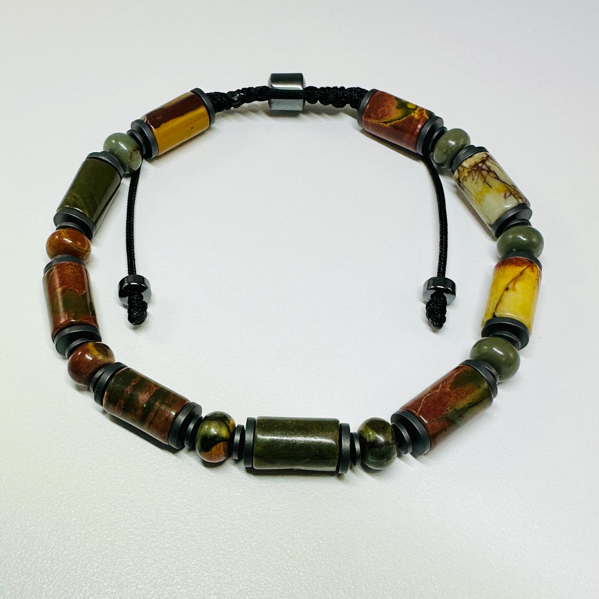 Red Green Jasper Tube Adjustable Bracelet,Hematite Jasper Bracelet Healing Meditation Bracelet,Handmade Unique Gifts Jewelry for Men Him