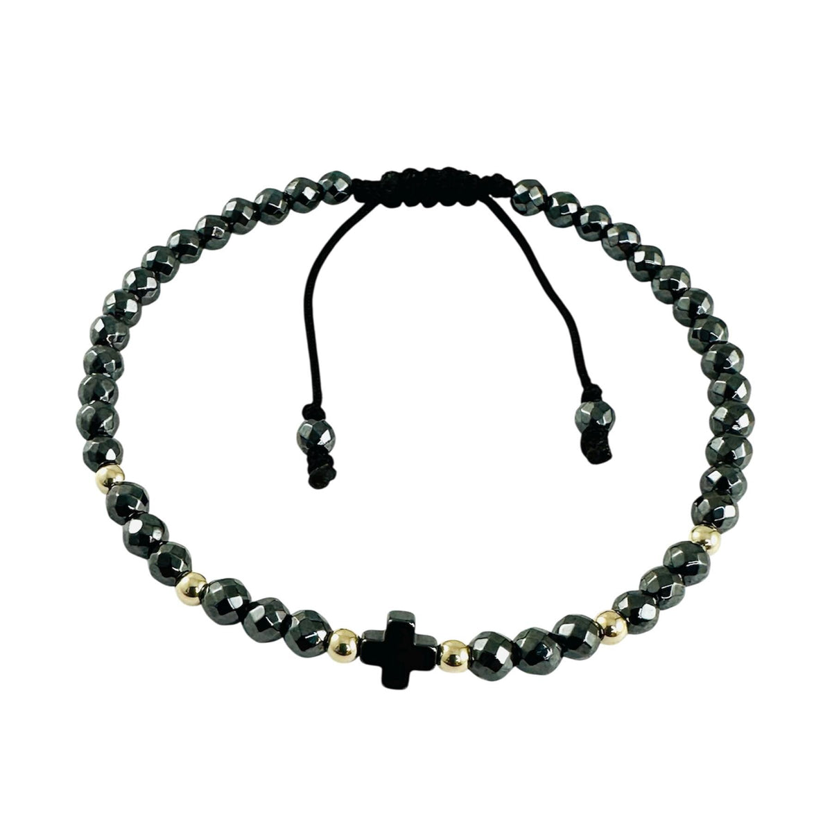 14k Yellow Solid Gold Faith Adjustable Hematite Men Bracelet,Bracelet Natural Stones,Real Gold Jewelry,Healing Meditation Men Stone Bracelet