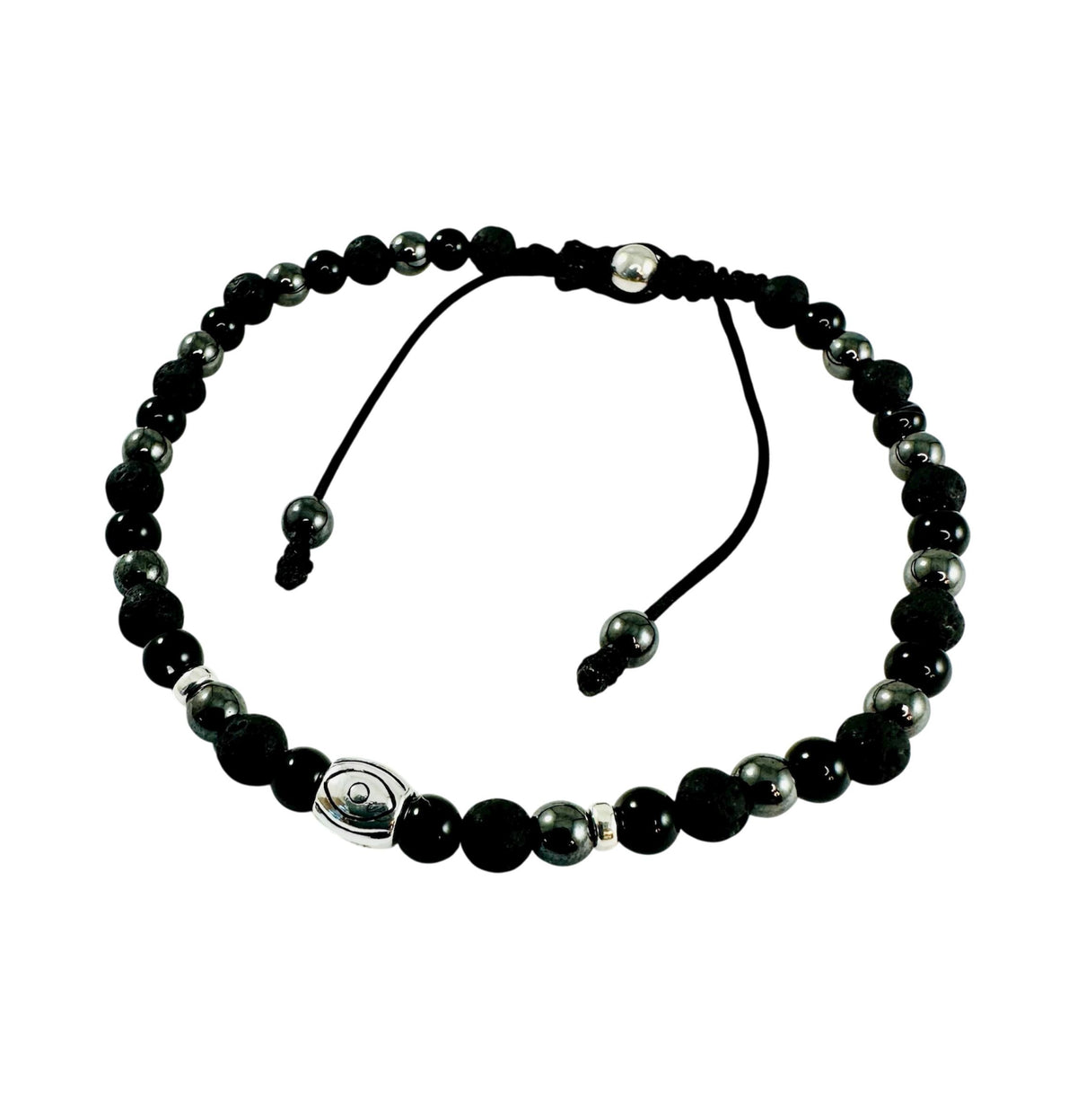 Sterling Silver Evil Eye Men Beaded Bracelet: 4mm Black Onyx Hematite Lava Rock Stone Bracelet,Lucky Protection Bracelet,Evil Eye Men Bracel