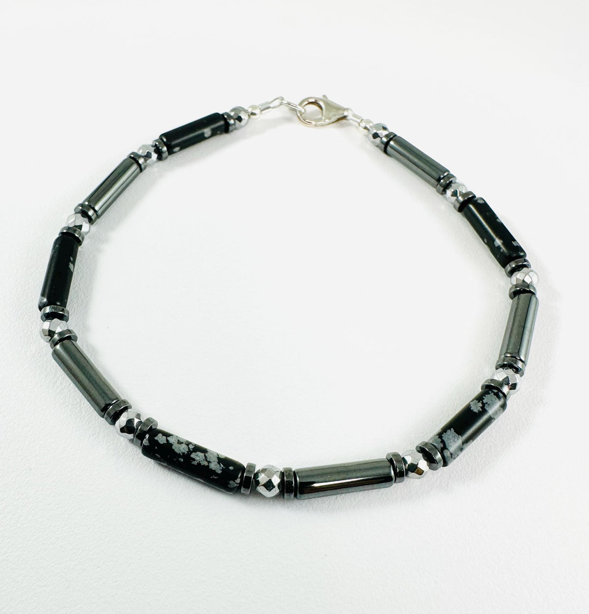 Black and Gray Beaded Men Bracelet: Obsidian Snowflake Bracelet,Protection Black Men Beaded Bracelet,Obsidian and Hematite Bracelet