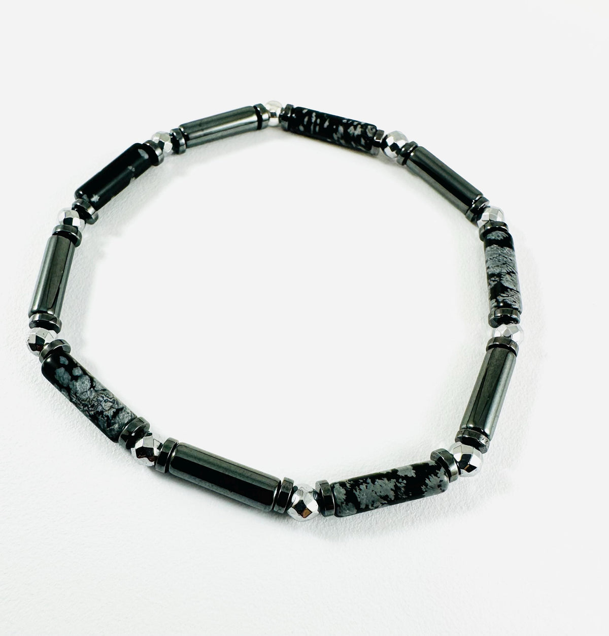 Black and Gray Beaded Men Bracelet: Obsidian Snowflake Bracelet,Protection Black Men Beaded Bracelet,Obsidian and Hematite Bracelet