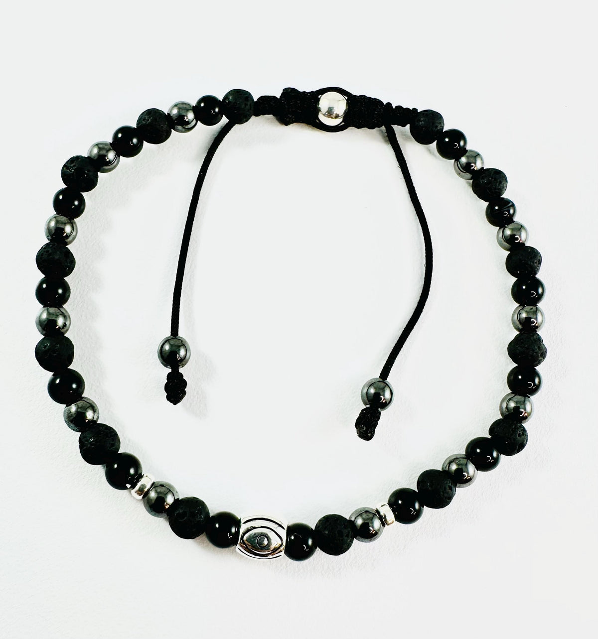 Sterling Silver Evil Eye Men Beaded Bracelet: 4mm Black Onyx Hematite Lava Rock Stone Bracelet,Lucky Protection Bracelet,Evil Eye Men Bracel