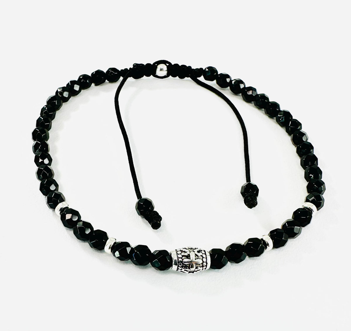 Sterling Silver Cross Back Onyx Adjustable Men Bracelet: Faith Religious Men Bracelet,Natural Stones Healing Meditation Protection Bracelet