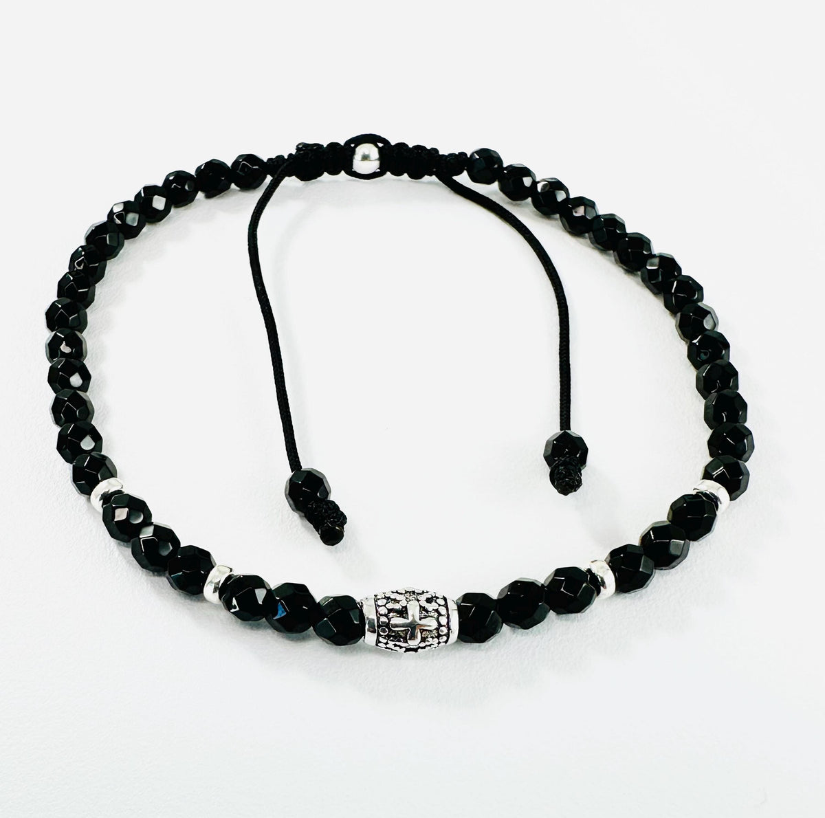 Sterling Silver Cross Back Onyx Adjustable Men Bracelet: Faith Religious Men Bracelet,Natural Stones Healing Meditation Protection Bracelet
