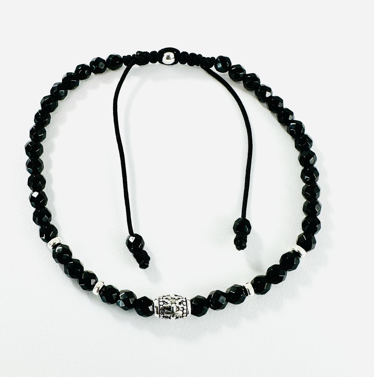 Sterling Silver Cross Back Onyx Adjustable Men Bracelet: Faith Religious Men Bracelet,Natural Stones Healing Meditation Protection Bracelet