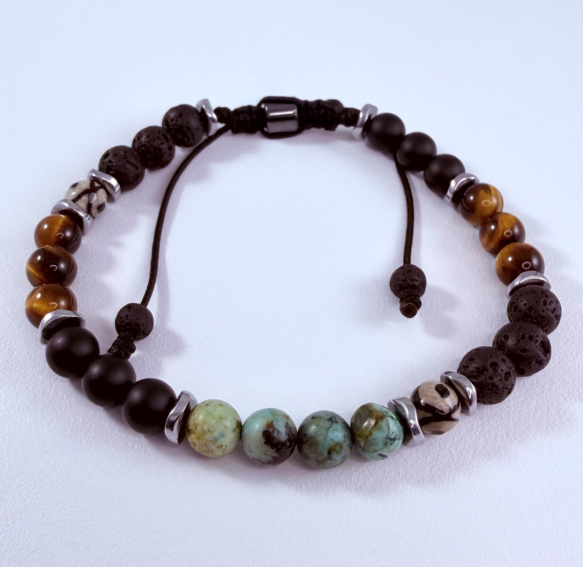 Turquoise Protection Men Bracelet: African Green Turquoise Tiger Eye Black Onyx Tibetan Agate Lava Rock Beaded Men Bracelet,Evil Eye Bracele
