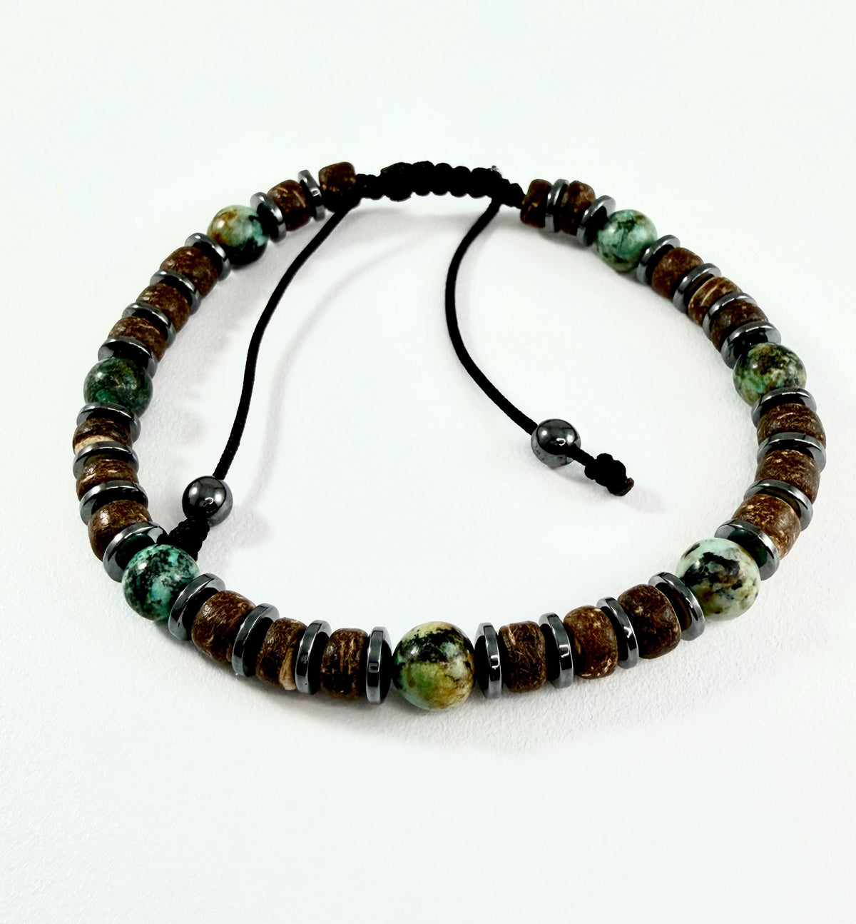 Turquoise Good Luck Protection Men Bracelet: African Green Turquoise Bracelet,December Birthstone Men Bracelet,Beach Coconut Surfer Bracelet