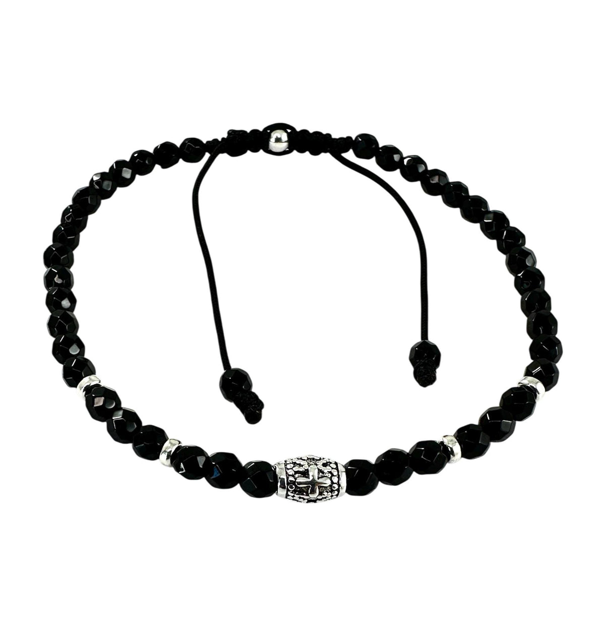 Sterling Silver Cross Back Onyx Adjustable Men Bracelet: Faith Religious Men Bracelet,Natural Stones Healing Meditation Protection Bracelet