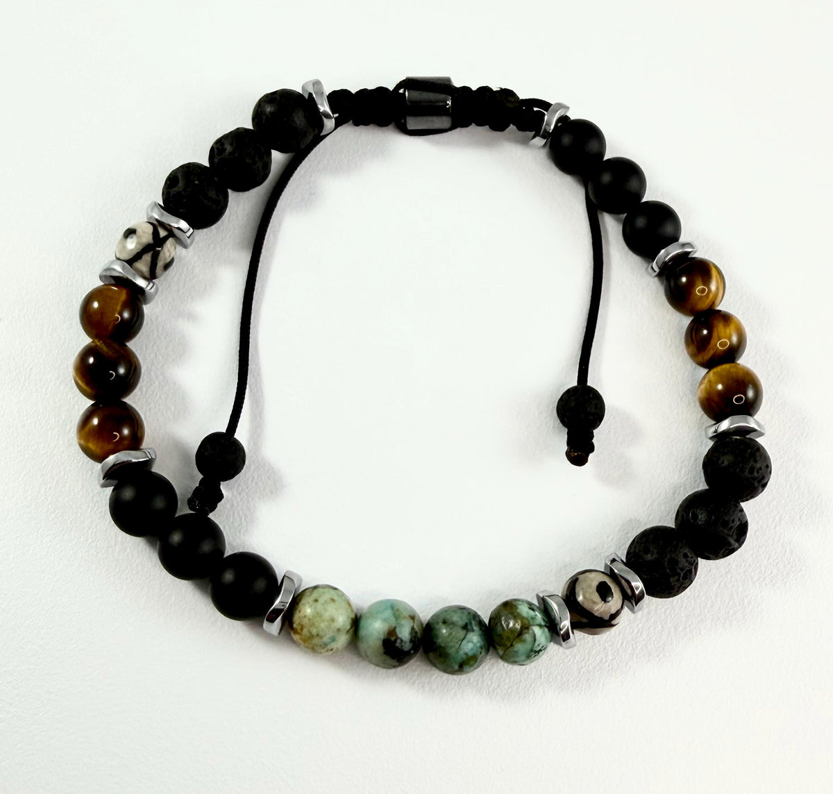 Turquoise Protection Men Bracelet: African Green Turquoise Tiger Eye Black Onyx Tibetan Agate Lava Rock Beaded Men Bracelet,Evil Eye Bracele