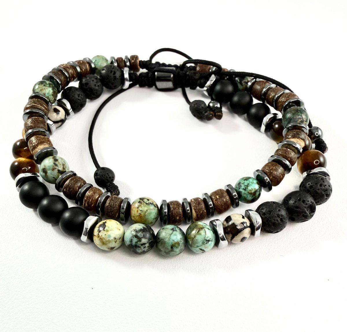 Turquoise Protection Men Bracelet: African Green Turquoise Tiger Eye Black Onyx Tibetan Agate Lava Rock Beaded Men Bracelet,Evil Eye Bracele