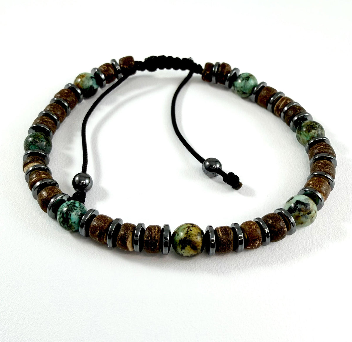 Turquoise Good Luck Protection Men Bracelet: African Green Turquoise Bracelet,December Birthstone Men Bracelet,Beach Coconut Surfer Bracelet