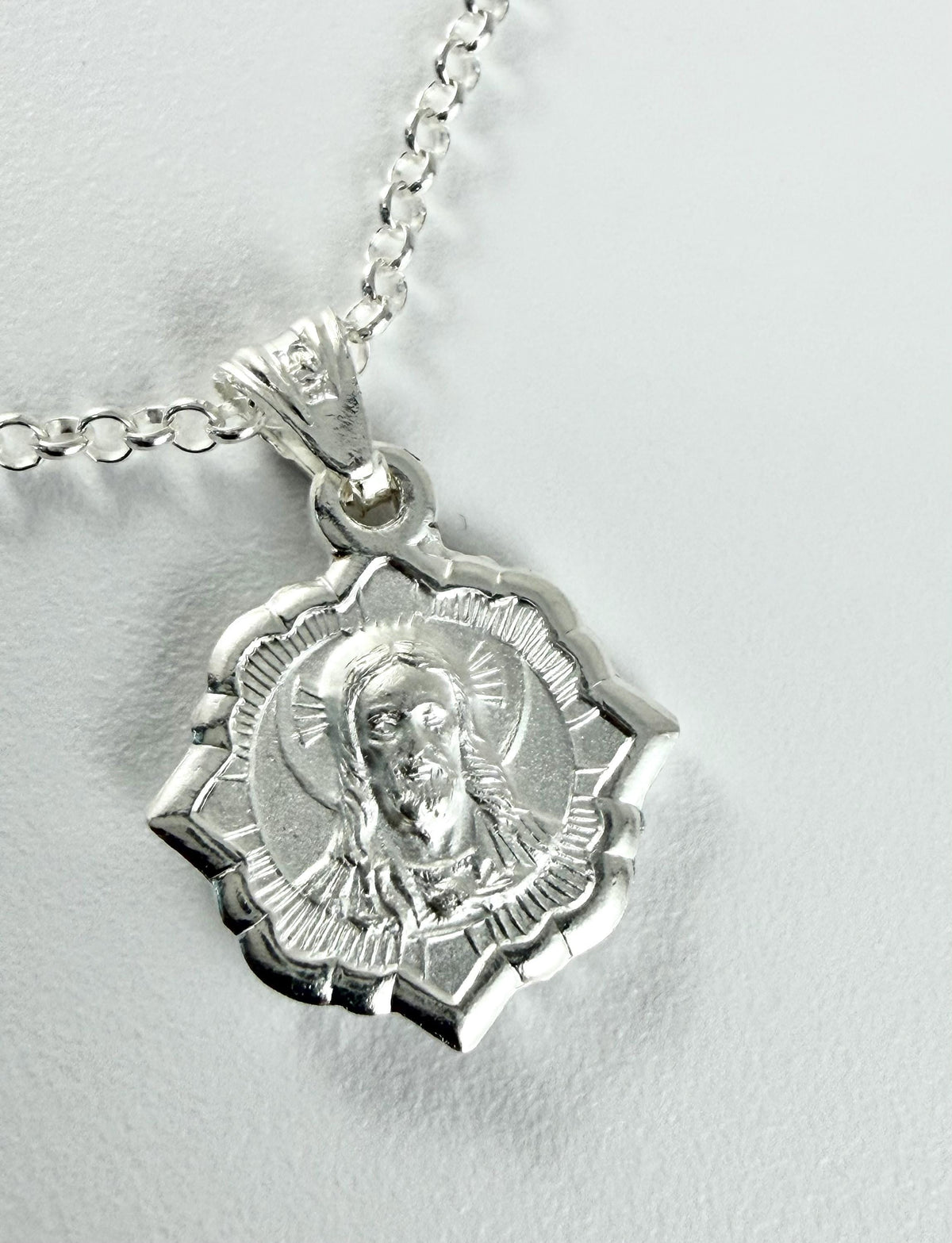 Sterling Silver Scapular Medal Sacred Jesus Necklace,Christering Baptism Communion Necklace,Cross Silver Necklace,Religious Charm Necklace