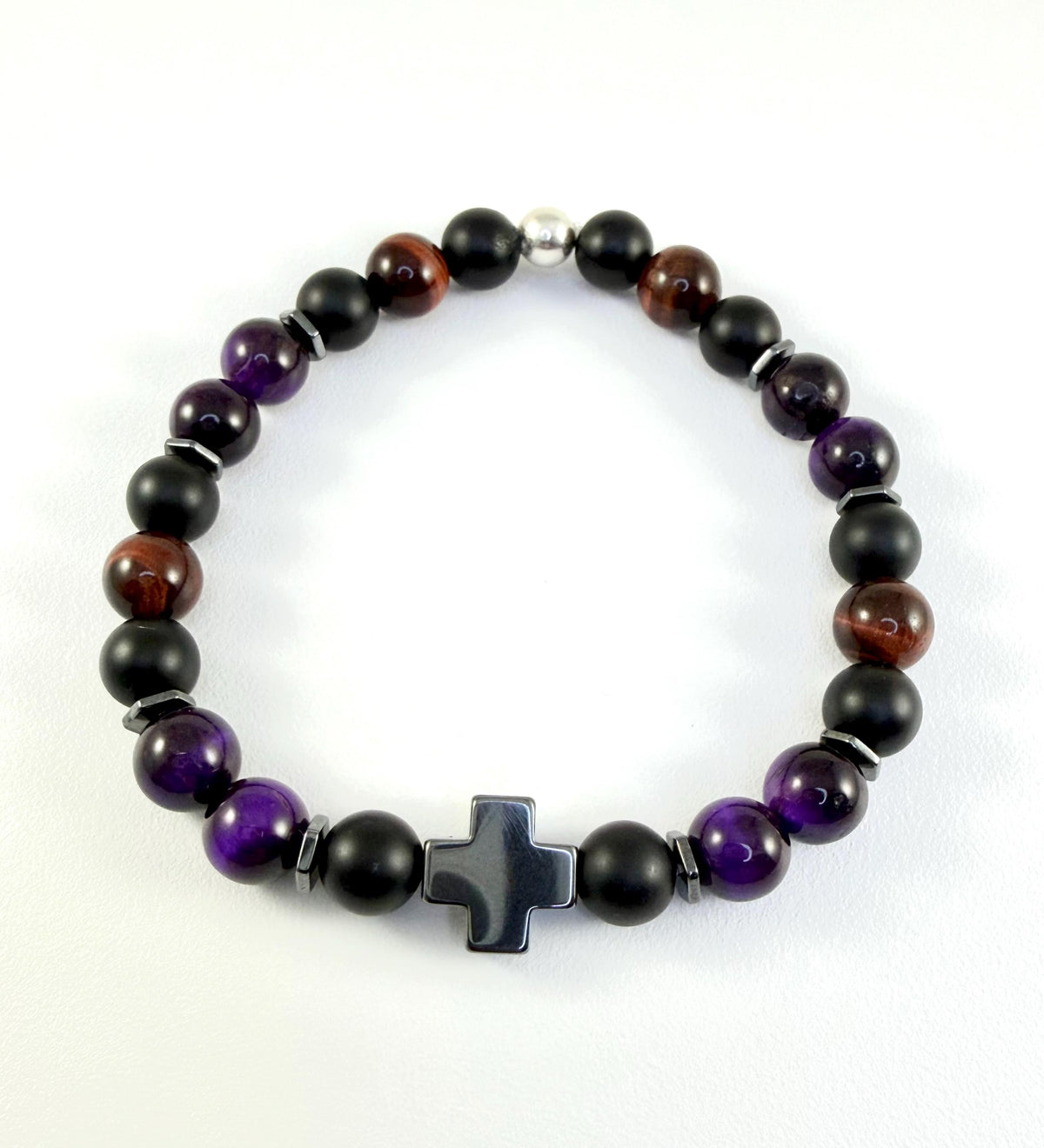 Black Purple Brown Cross Beaded Bracelet,Protection Men Bracelets,Black Onyx Tiger Eye Hematite Beaded Men Bracelet,Men Beaded Bracelet
