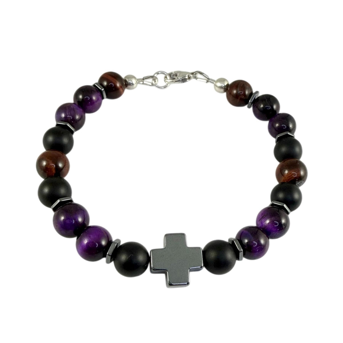 Black Purple Brown Cross Beaded Bracelet,Protection Men Bracelets,Black Onyx Tiger Eye Hematite Beaded Men Bracelet,Men Beaded Bracelet