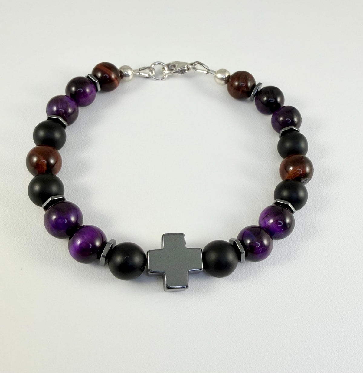 Black Purple Brown Cross Beaded Bracelet,Protection Men Bracelets,Black Onyx Tiger Eye Hematite Beaded Men Bracelet,Men Beaded Bracelet