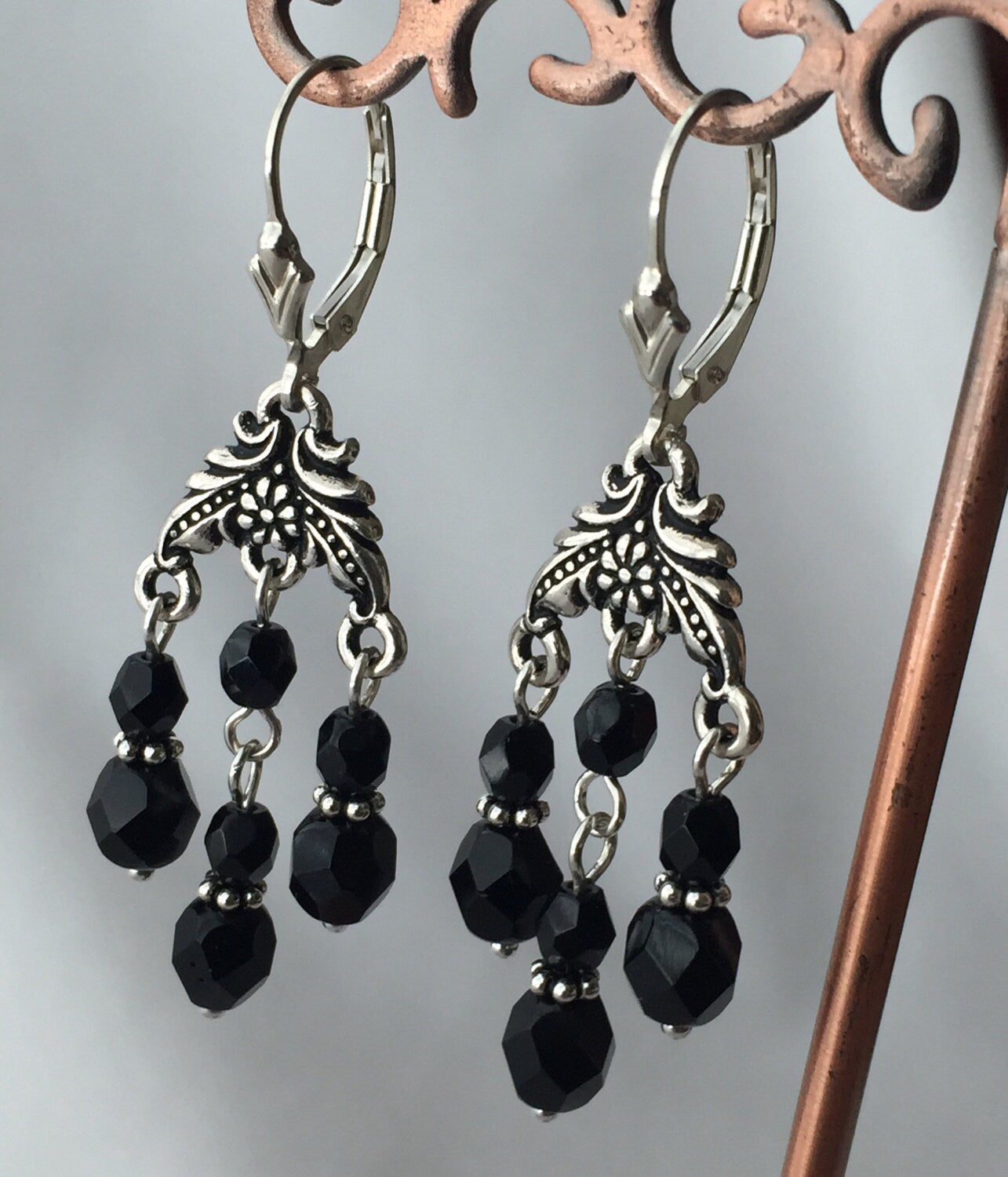 Sterling Silver Black Earrings,Black Dangle Earrings,Mother of Bride Earrings,Mother of Groom Earrings,Sterling Silver Leverback Earrings