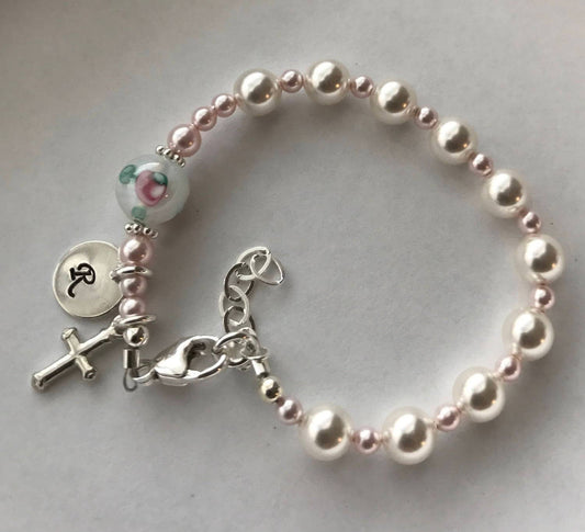 Pink Initial Baptism Pearl Rosary Bracelet,First Communion Bracelet,Confirmation Bracelet,Pink Pearl Initial Bracelet, Pearl Rosary Bracelet