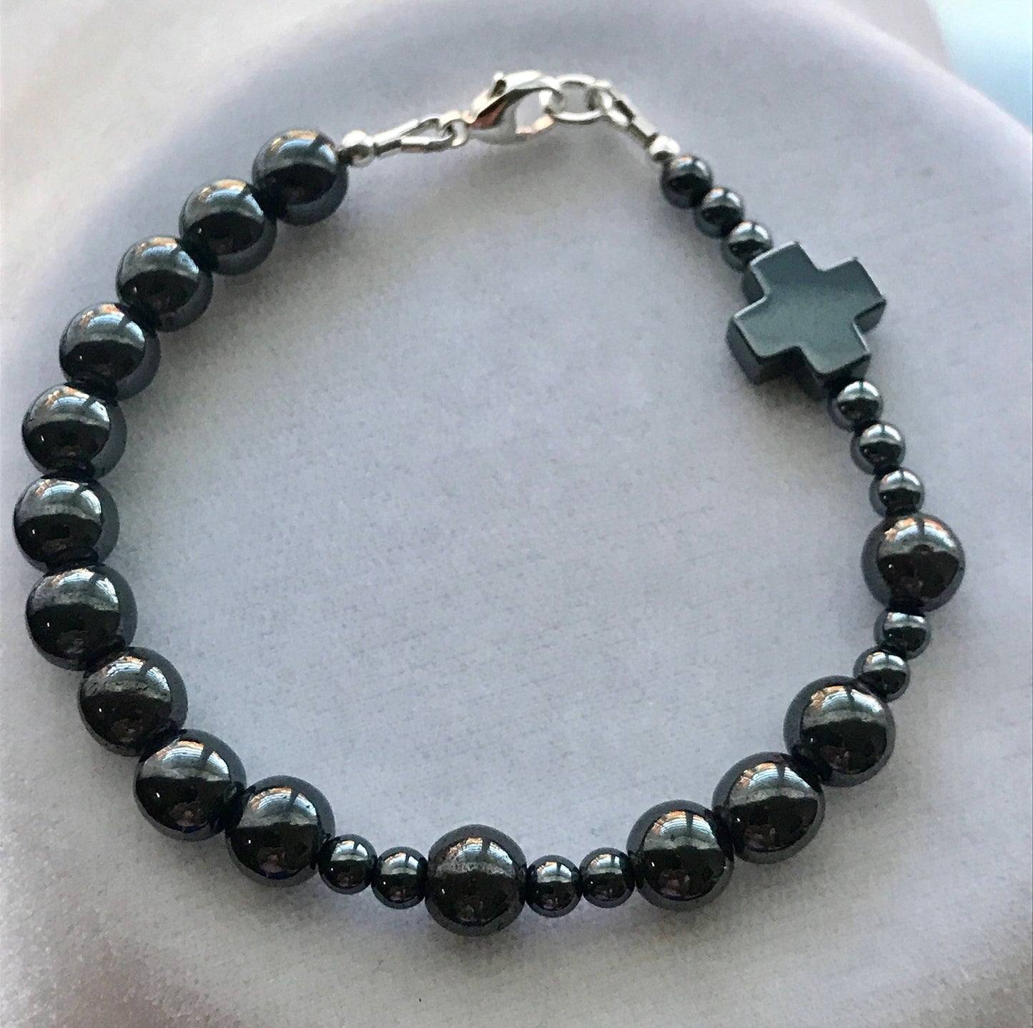 Silver Cross Men Boy Beaded Bracelet,Black Cross Bracelet,First Communion Confirmation Godfather Religious Bracelet,RCIA Men Bracelet