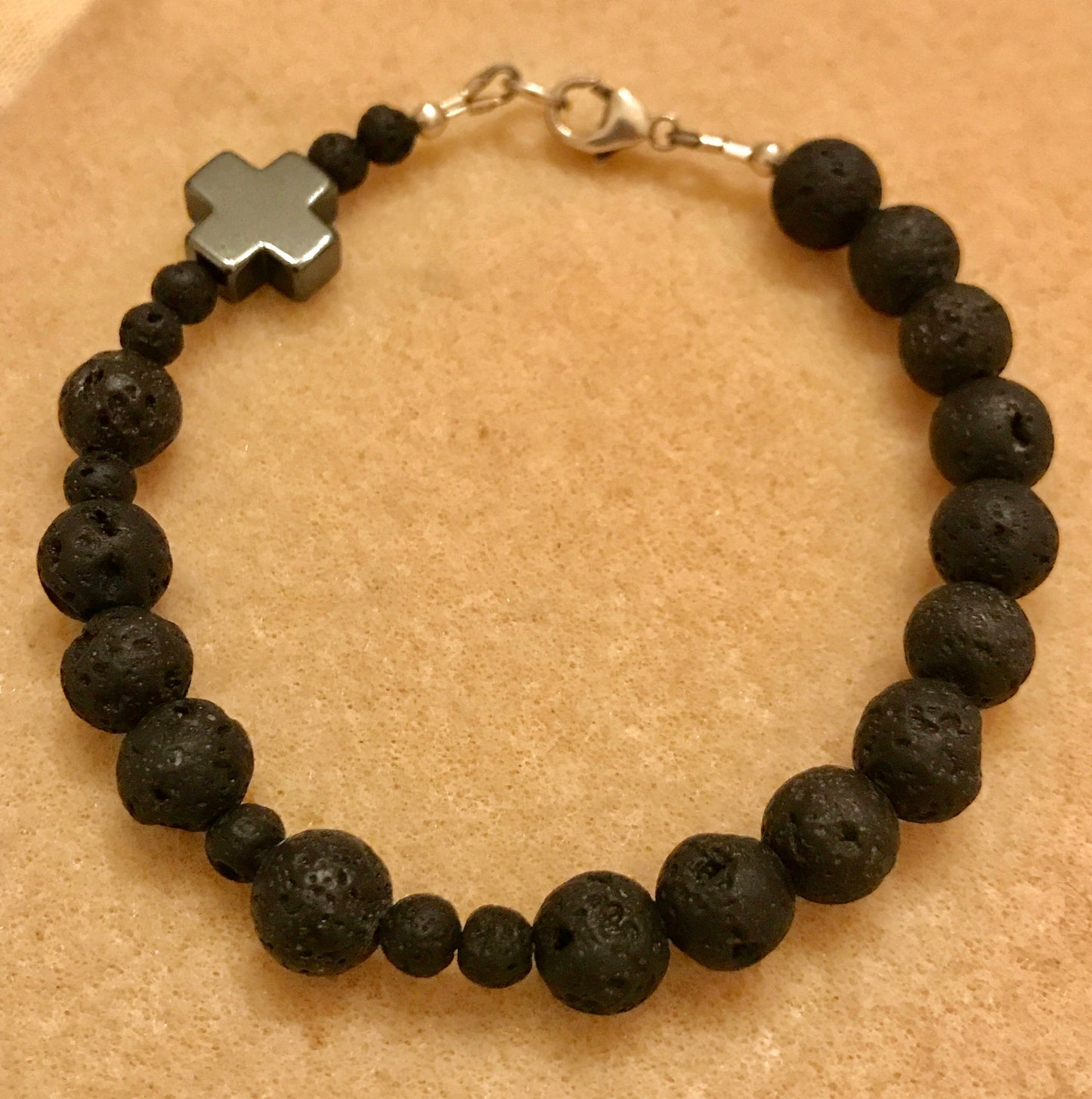 Black Gray Boy Man Men Rosary Chaplet Bracelet,Lava Stone Men Bracelet