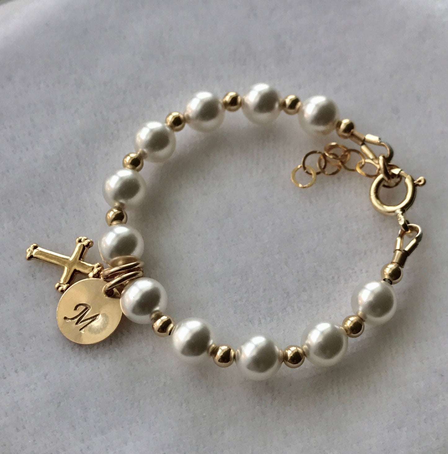 Gold Initial Cross Pearl Baptism Bracelet, Flower Girl Bracelet, Pearl Baptism Bracelet, First Communion, Confirmation, Baby Pearl Bracelet