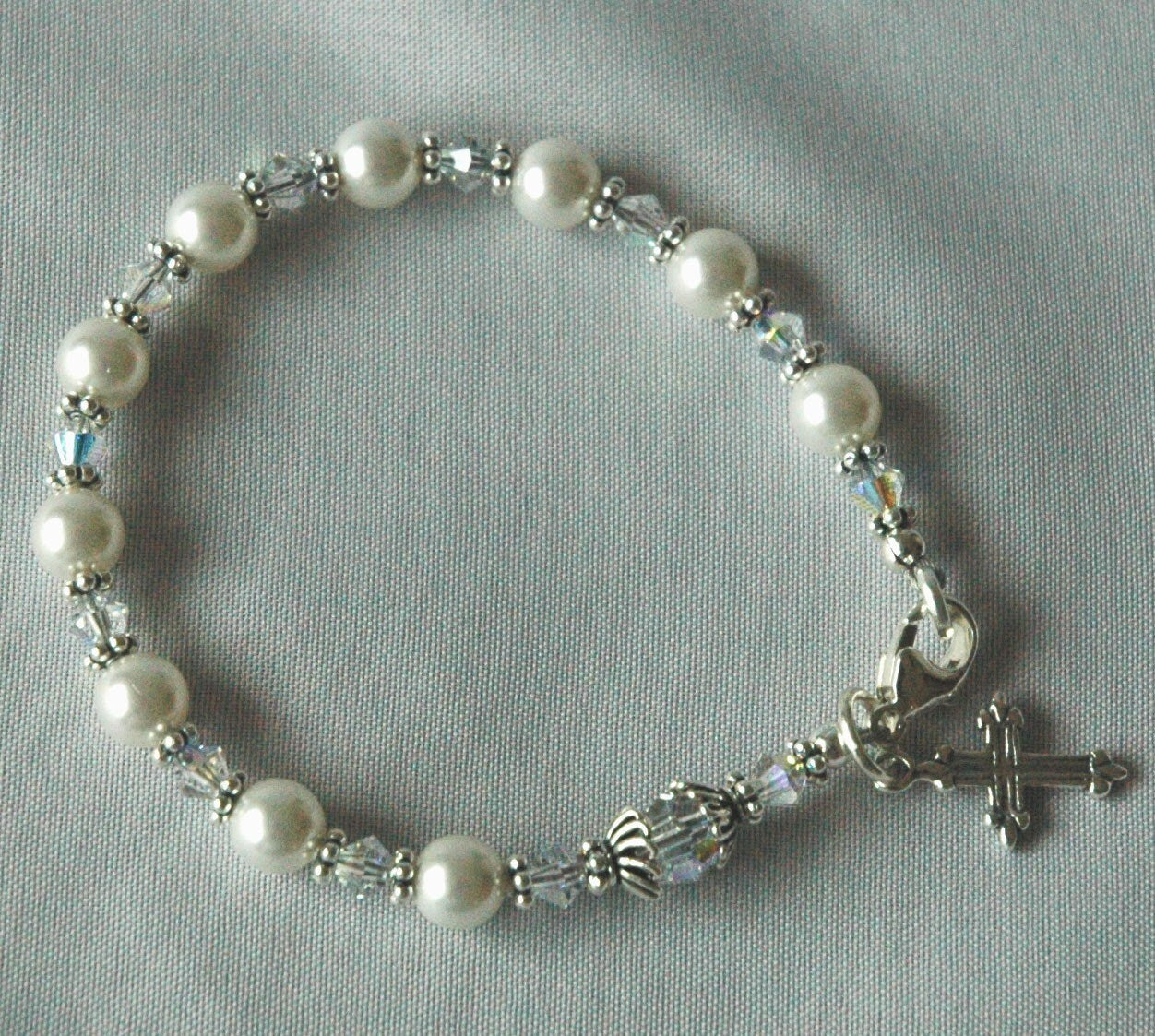Sterling Silver Freshwater Pearl  and Crystal First Holy Communion Rosary Bracelet