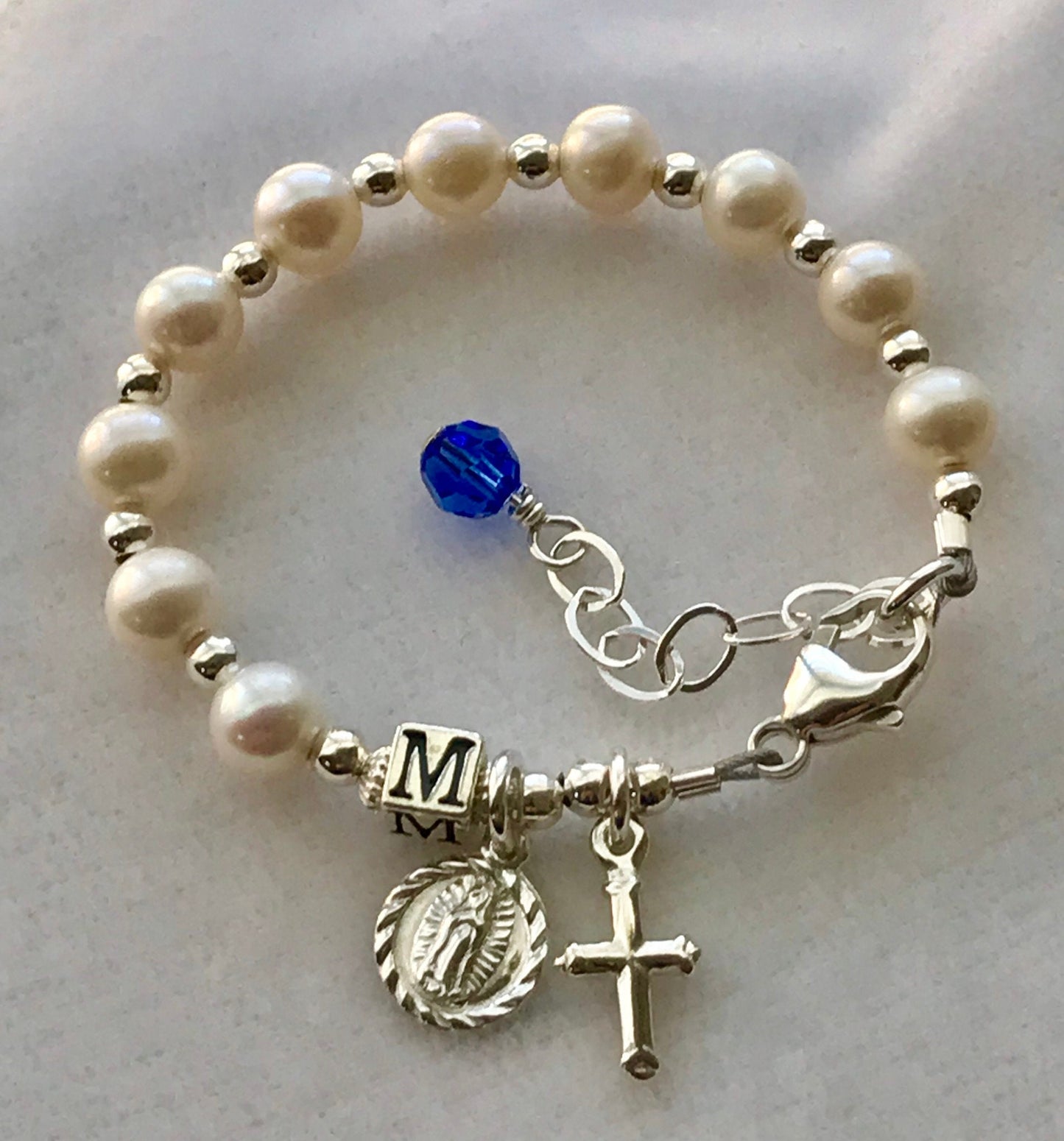 Personalized Gold Real Pearl Sideways Cross Rosary Bracelet,Baby Gold Bracelet,Gold Baptism Christening Bracelet,First Communion Bracelet
