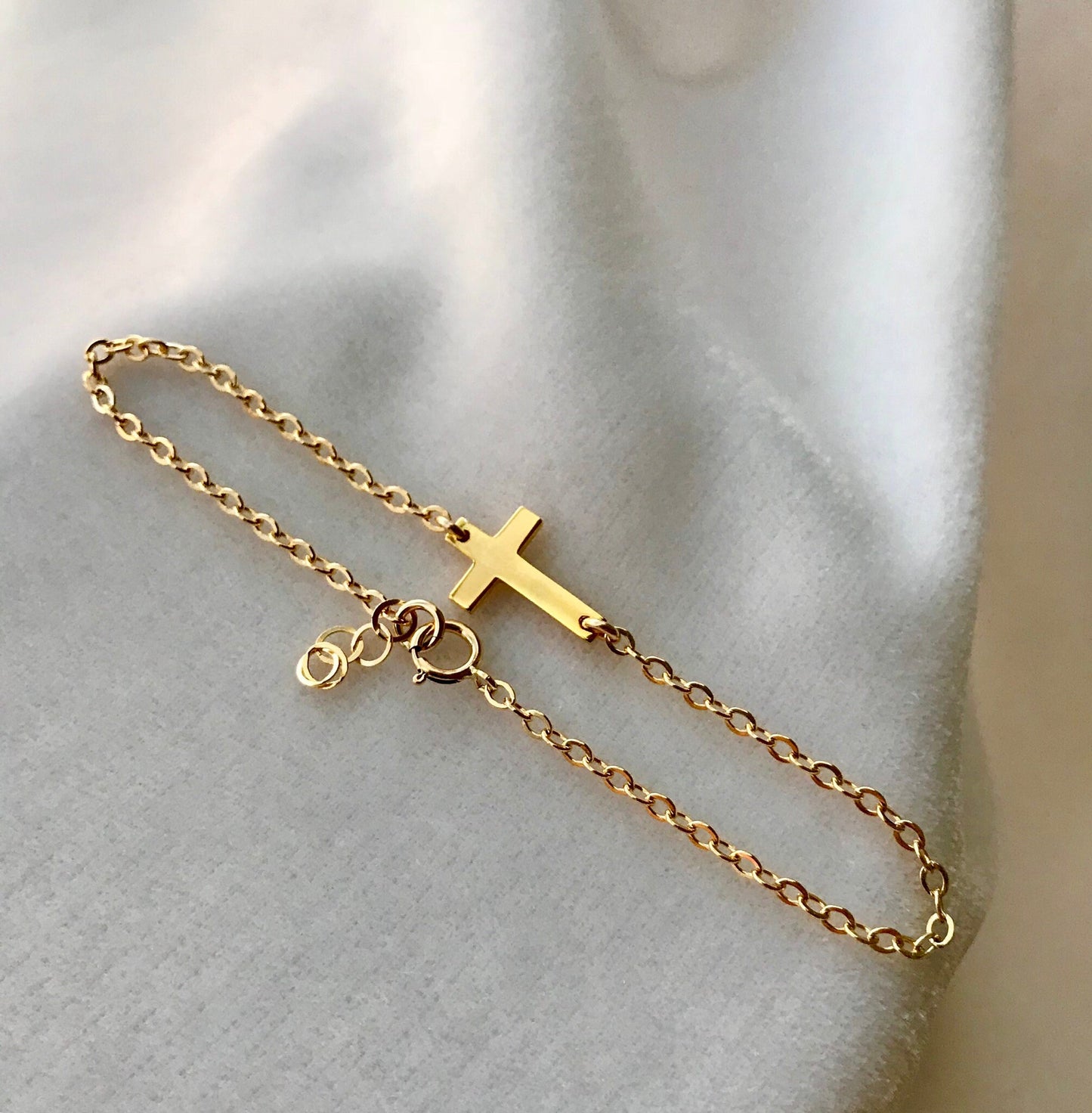 Gold Sideways Cross Bracelet, First Communion Cross Bracelet, Confirmation Cross Bracelet, Baptism Cross Bracelet, Gold Cross Bracelet
