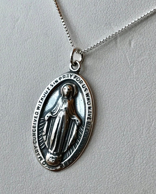 Sterling Silver Large Virgin Mary Medal Necklace,First Communion Necklace,Confirmation Necklace,Baptism Medal Necklace,Christering Necklace